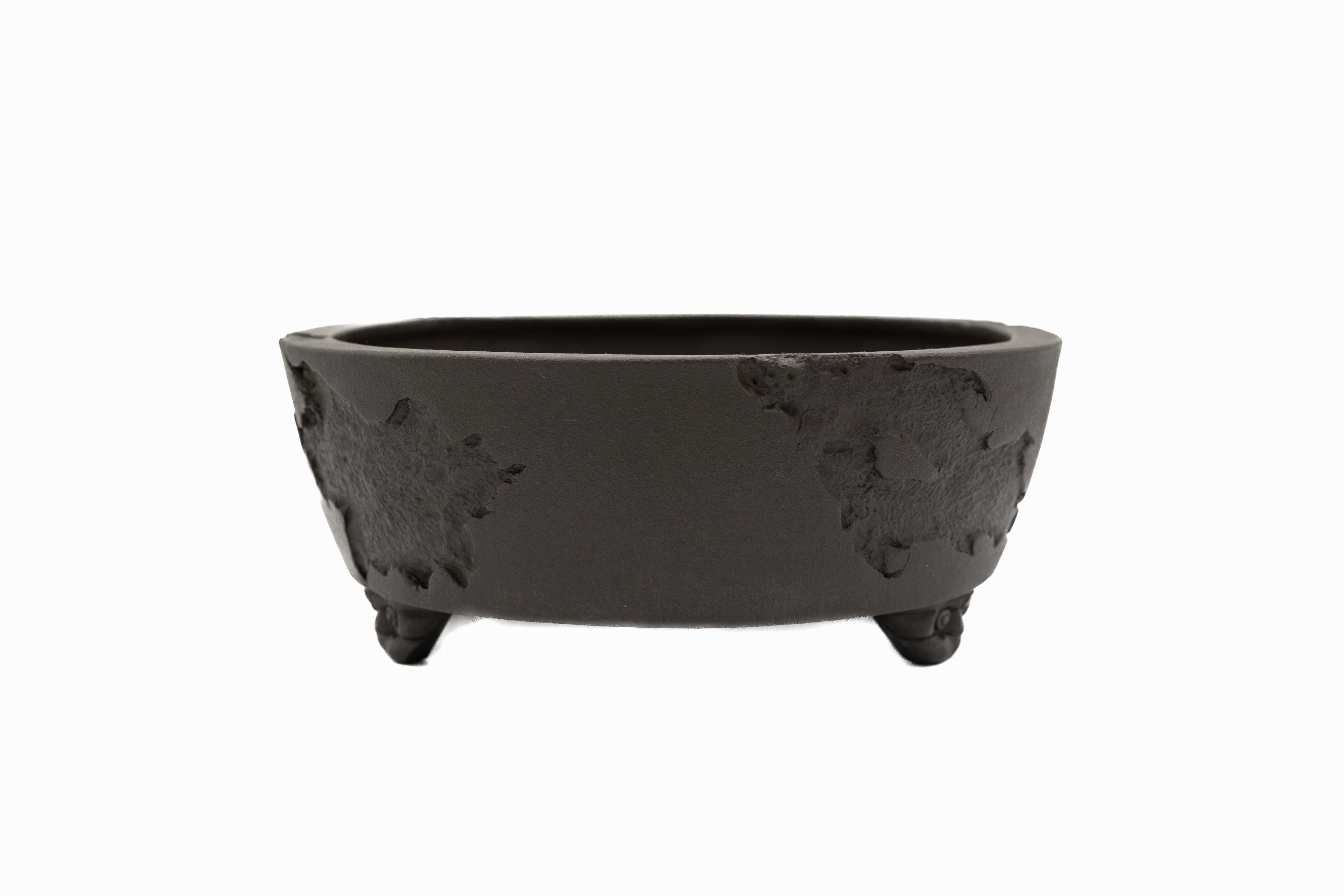 Large Oval Unglazed Yamaaki Japanese Bonsai Pot – Chop and Nail Signed, Worm Eaten Texture, Gargoyle Feet