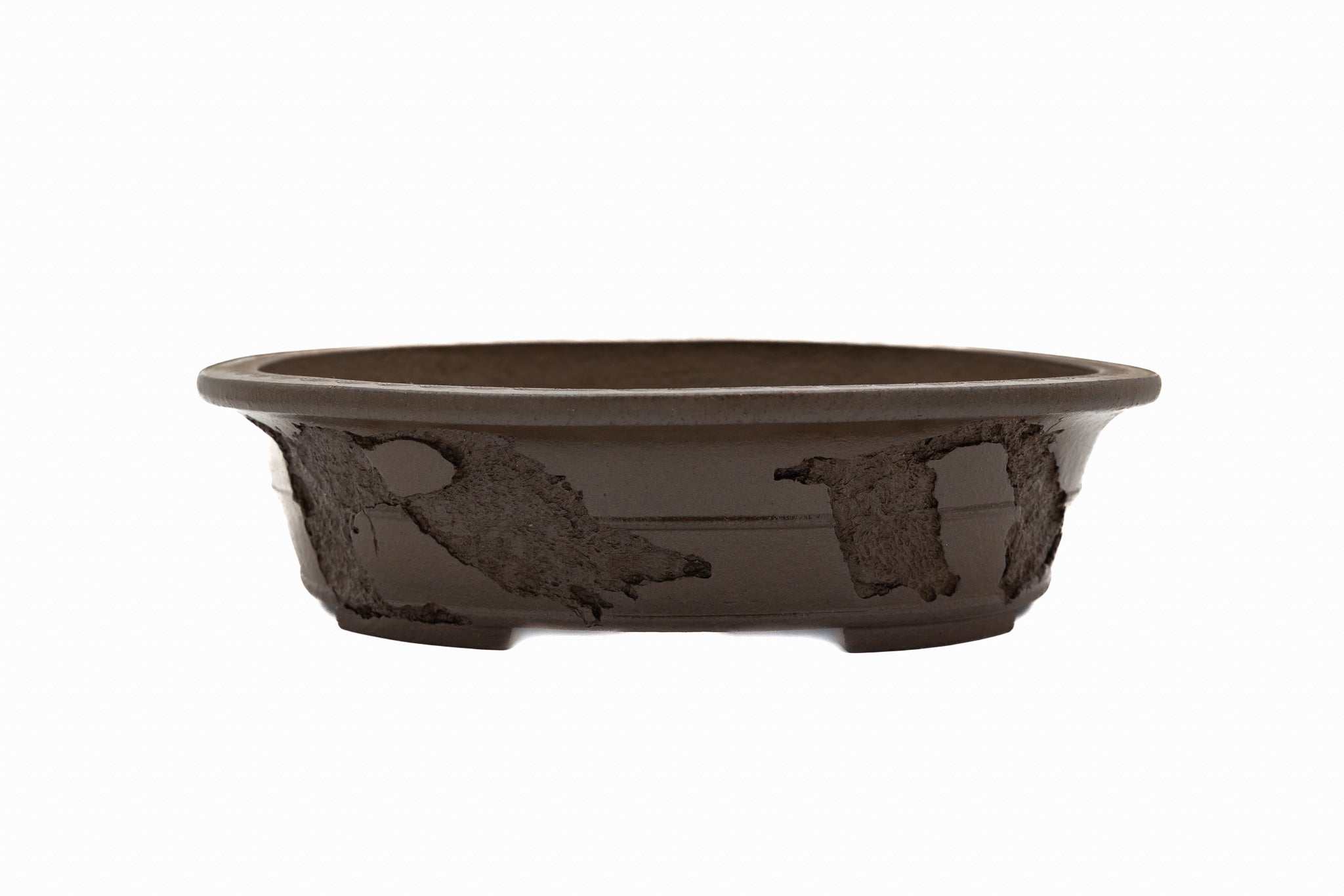 Large Oval Unglazed Yamaaki Japanese Bonsai Pot – Double Chop Nail Signature, Thick Decorative Worm-Eaten Rim