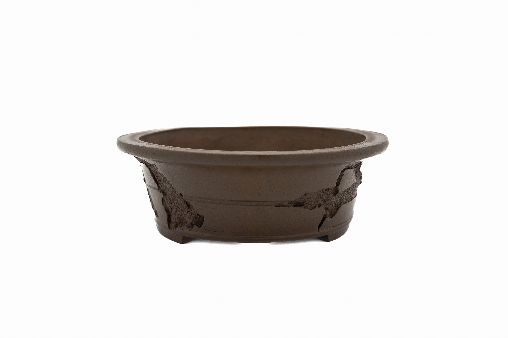 Large Oval Unglazed Yamaaki Japanese Bonsai Pot – Double Chop Nail Signature, Thick Decorative Worm-Eaten Rim