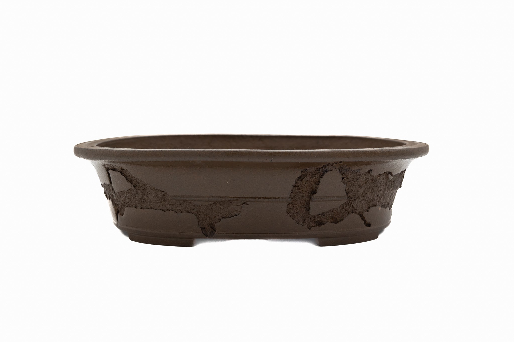 Large Rinka Oval Unglazed Yamaaki Bonsai Pot Japan – Double Chop Nail Signature Decorative Rim Worm Eaten Bold Feet