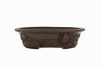 Large Oval Unglazed Yamaaki Japanese Bonsai Pot – Double Chop Nail Signature, Thick Decorative Worm-Eaten Rim