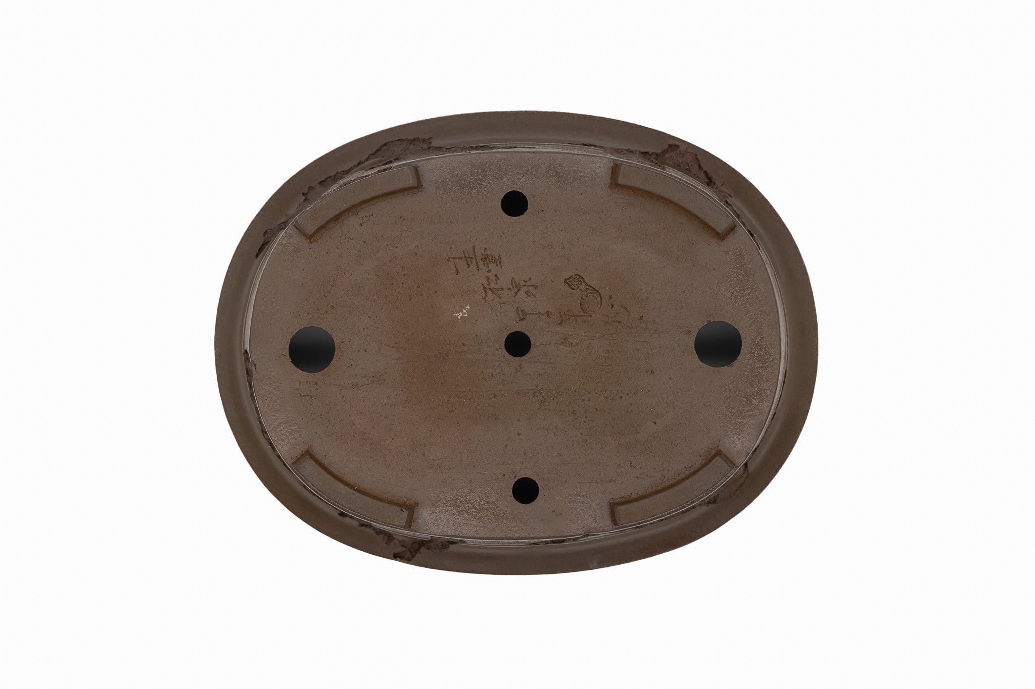 Large Rinka Oval Unglazed Yamaaki Bonsai Pot Japan – Double Chop Nail Signature Decorative Rim Worm Eaten Bold Feet