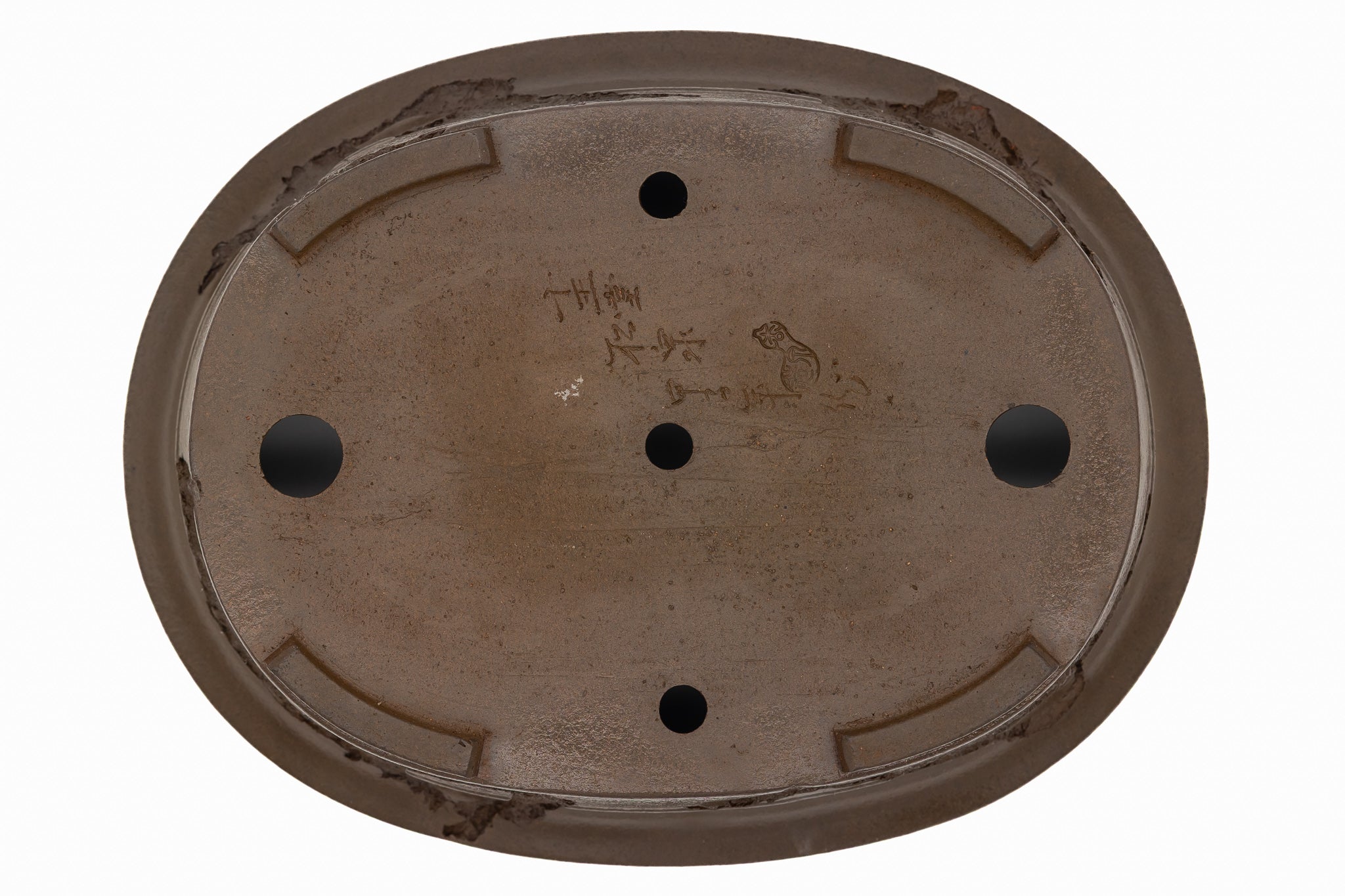 Large Rinka Oval Unglazed Yamaaki Bonsai Pot Japan – Double Chop Nail Signature Decorative Rim Worm Eaten Bold Feet