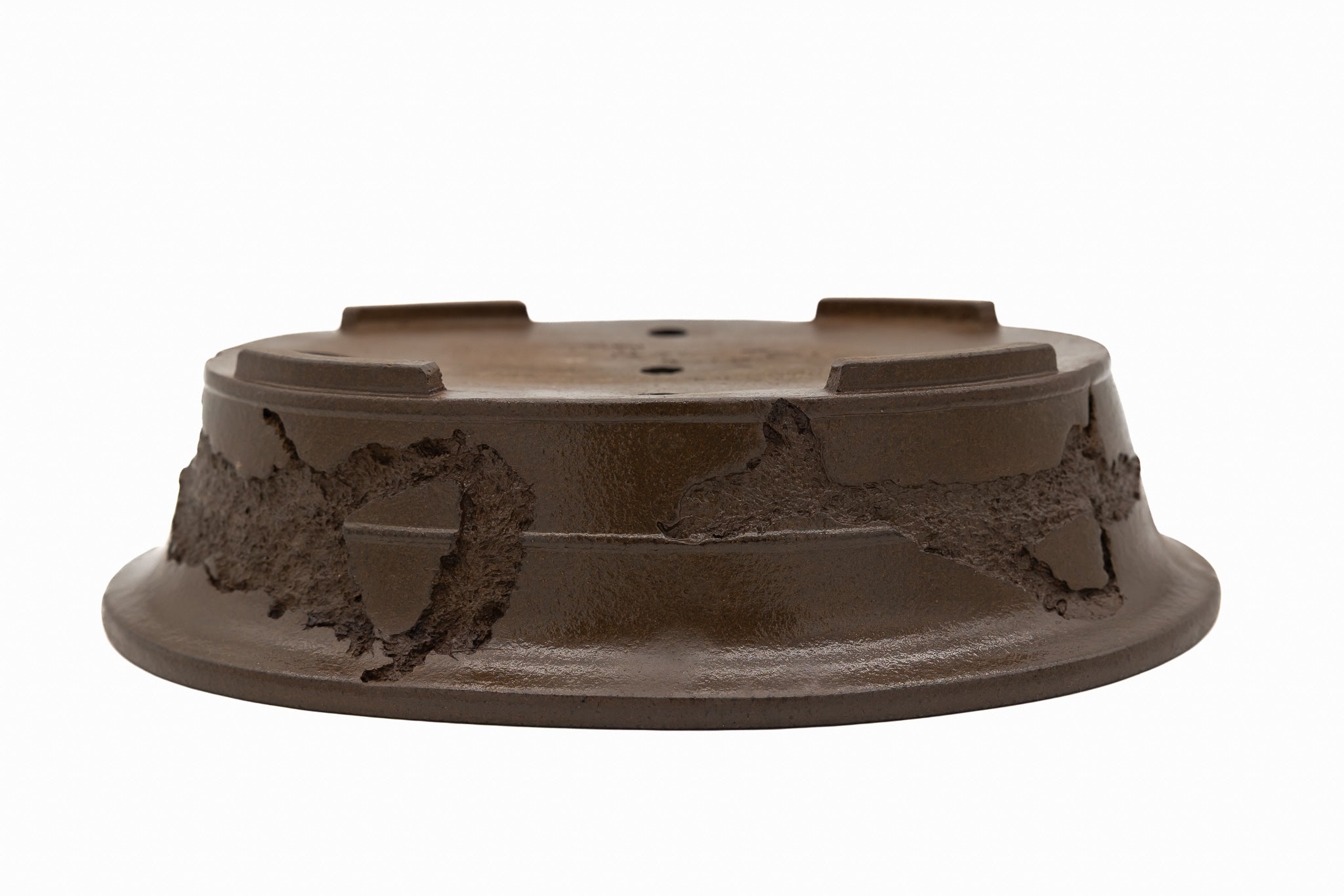 Large Rinka Oval Unglazed Yamaaki Bonsai Pot Japan – Double Chop Nail Signature Decorative Rim Worm Eaten Bold Feet