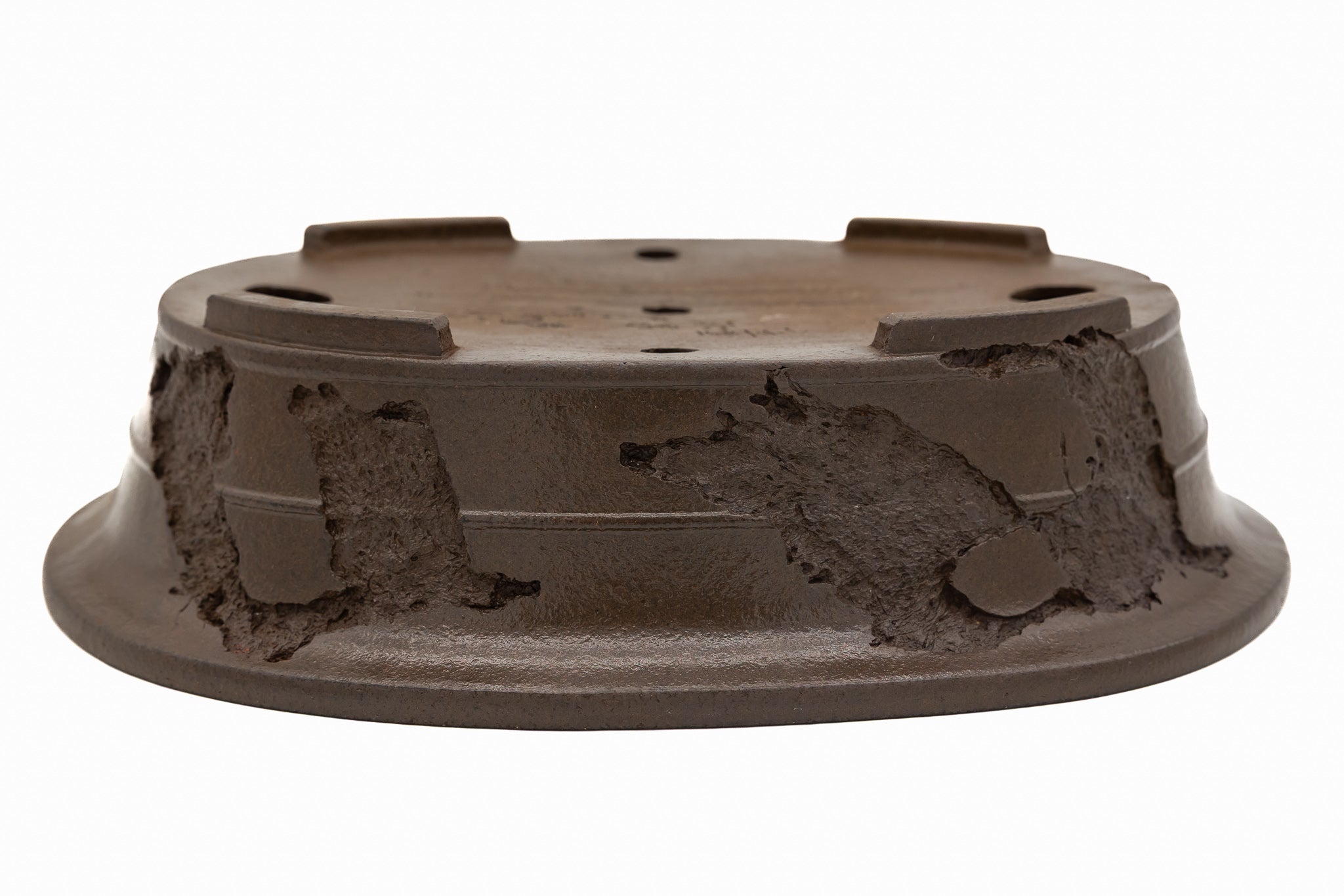 Large Rinka Oval Unglazed Yamaaki Bonsai Pot Japan – Double Chop Nail Signature Decorative Rim Worm Eaten Bold Feet