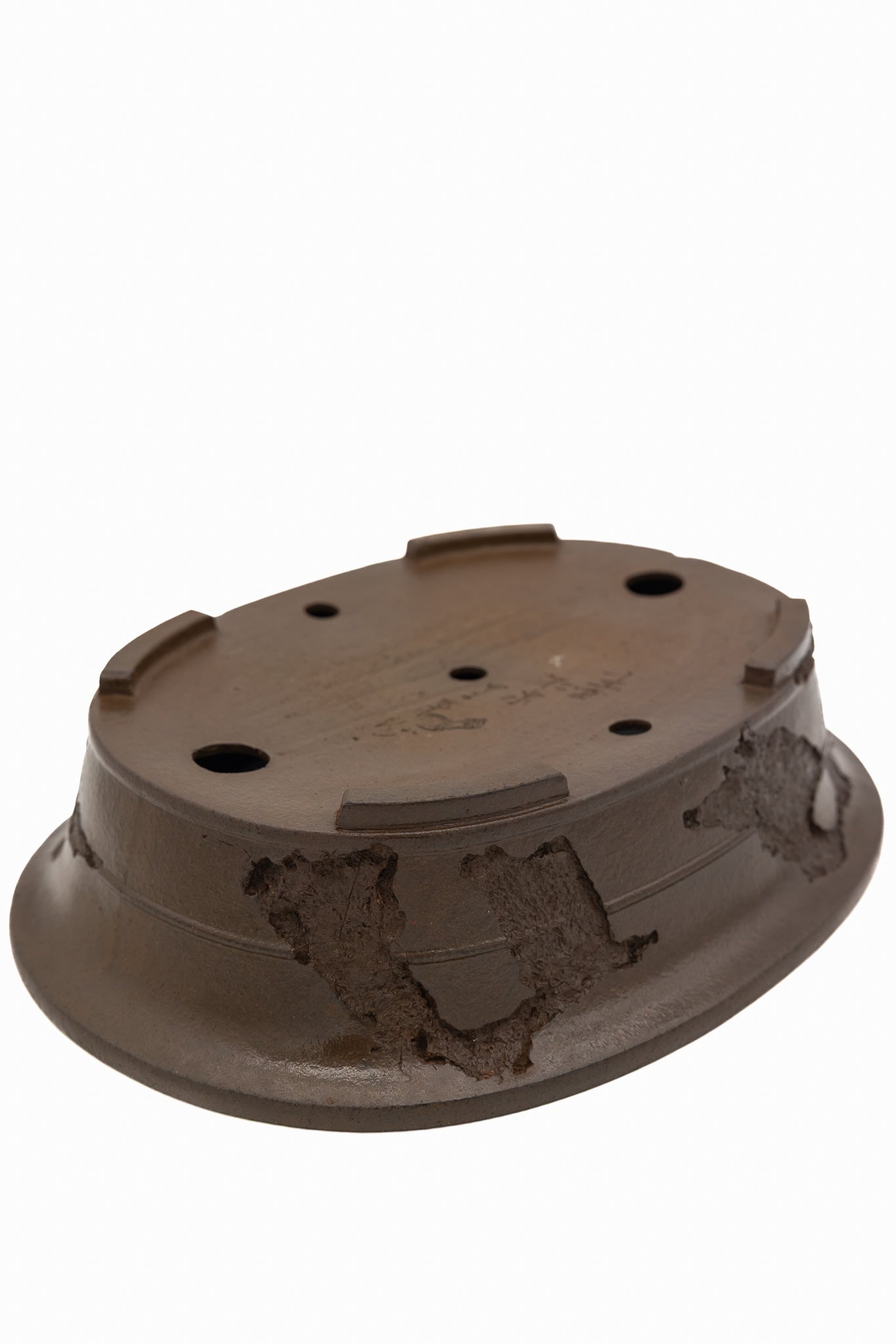 Large Oval Unglazed Yamaaki Japanese Bonsai Pot – Double Chop Nail Signature, Thick Decorative Worm-Eaten Rim