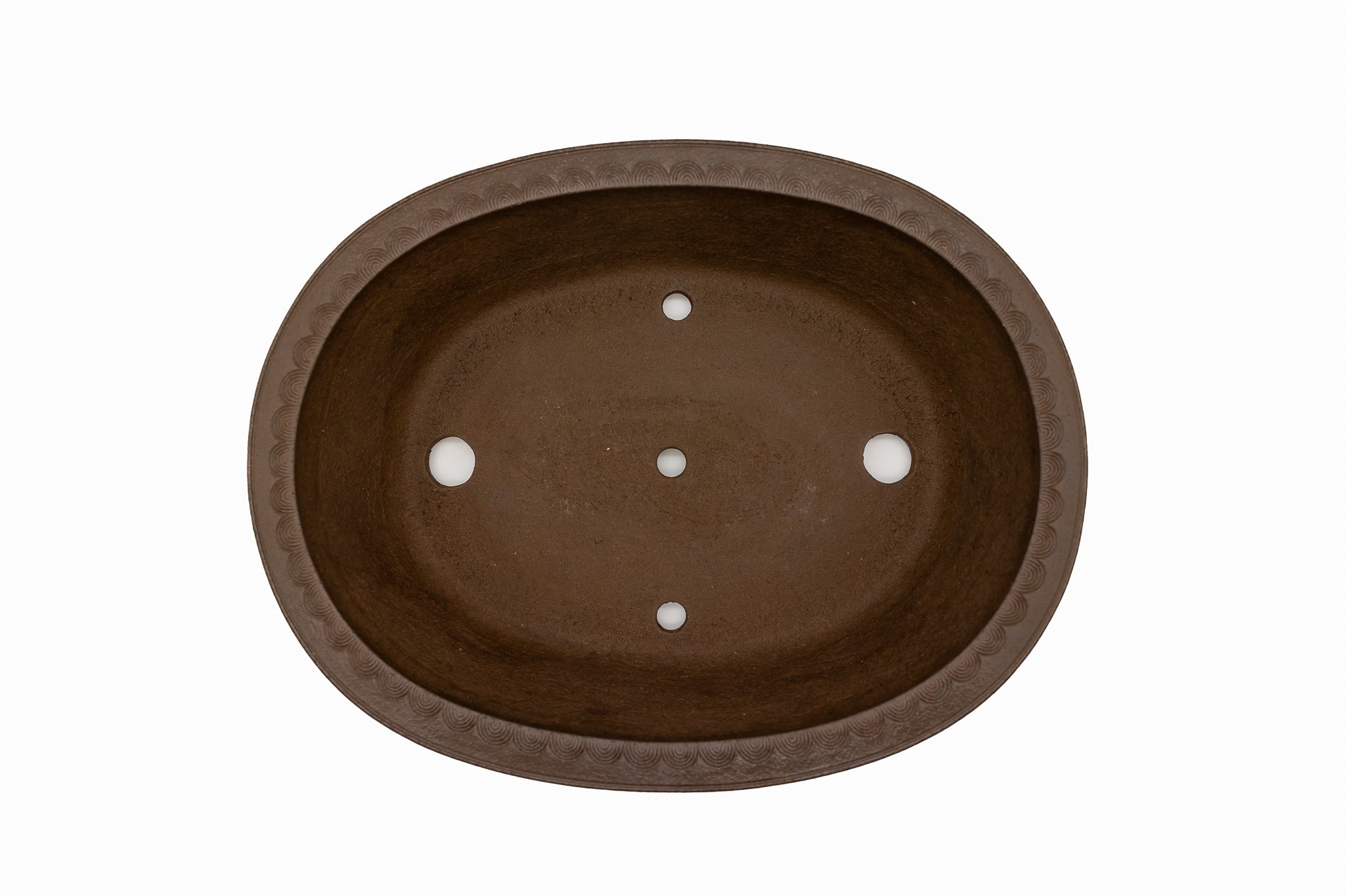 Large Rinka Oval Unglazed Yamaaki Bonsai Pot Japan – Double Chop Nail Signature Decorative Rim Worm Eaten Bold Feet