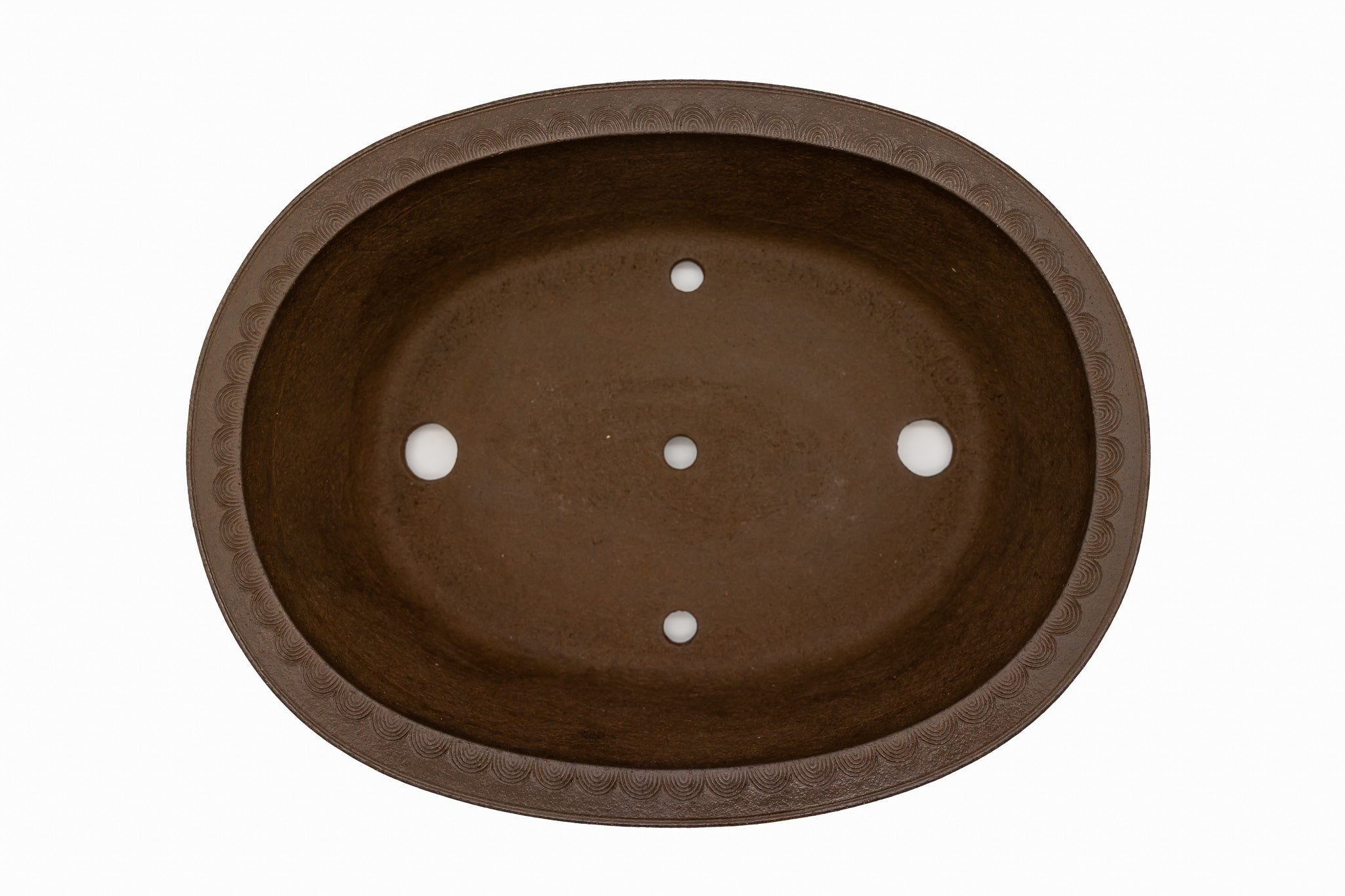 Large Rinka Oval Unglazed Yamaaki Bonsai Pot Japan – Double Chop Nail Signature Decorative Rim Worm Eaten Bold Feet
