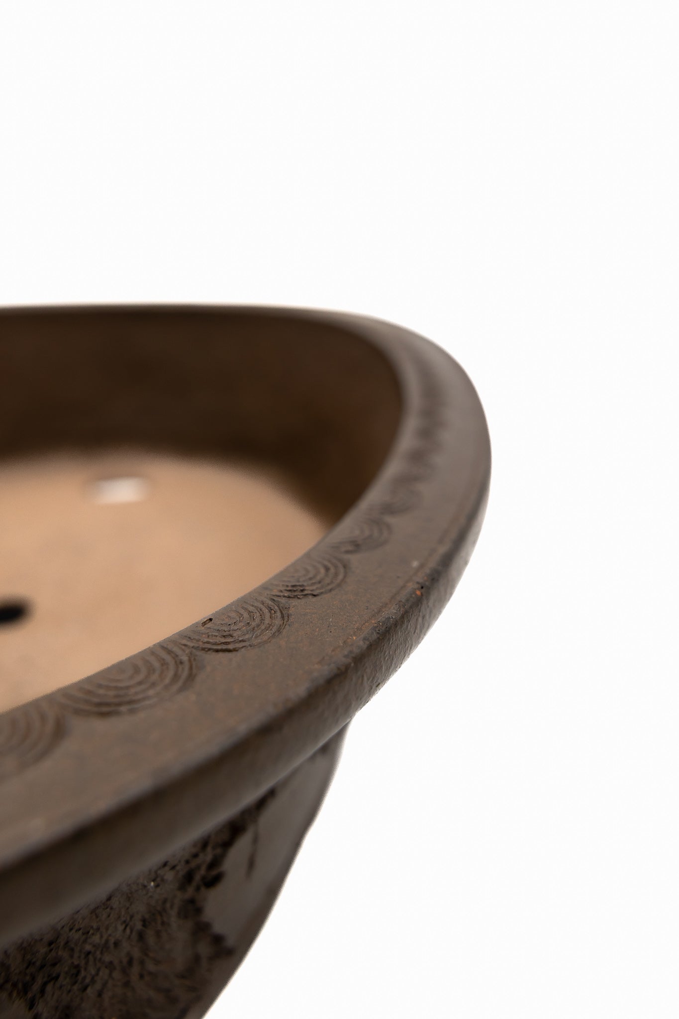 Large Rinka Oval Unglazed Yamaaki Bonsai Pot Japan – Double Chop Nail Signature Decorative Rim Worm Eaten Bold Feet