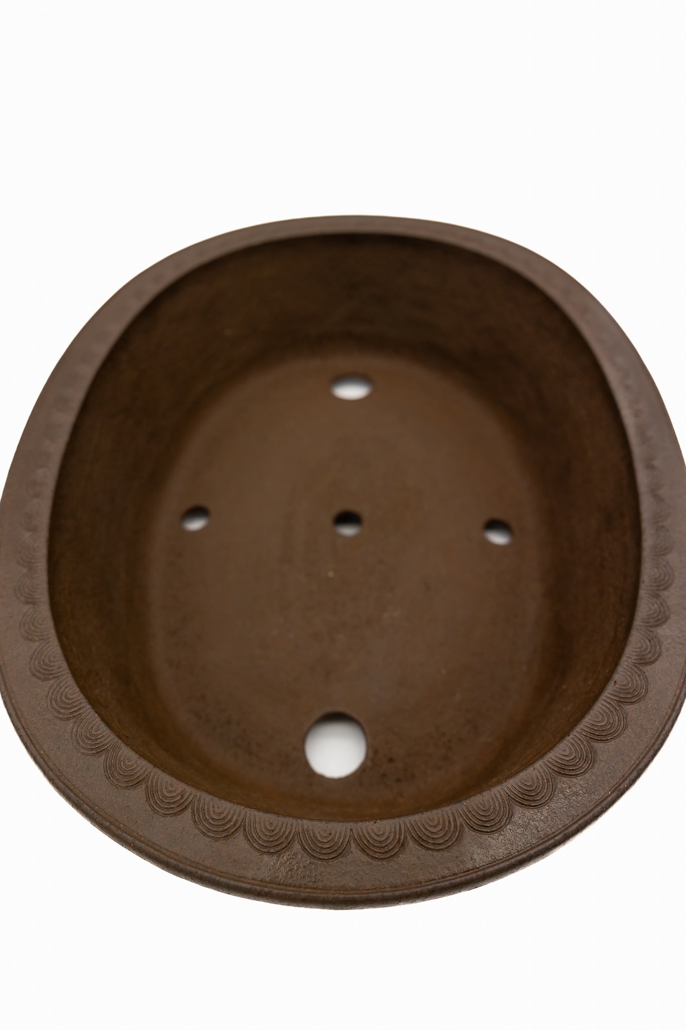 Large Oval Unglazed Yamaaki Japanese Bonsai Pot – Double Chop Nail Signature, Thick Decorative Worm-Eaten Rim
