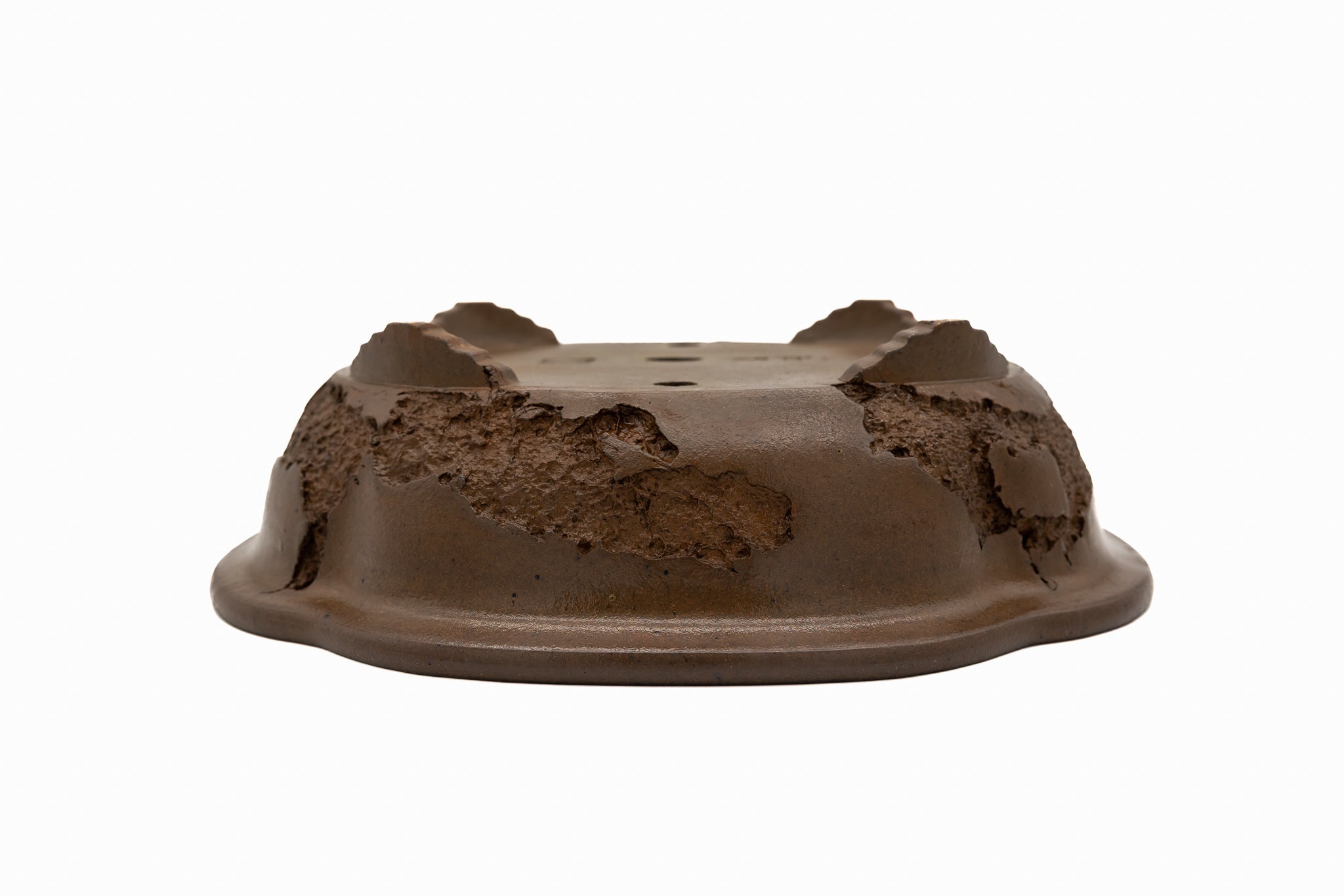 Large Oval Unglazed Yamaaki Japanese Bonsai Pot – Worm Eaten Flat Rim, Chop and Nail Signed