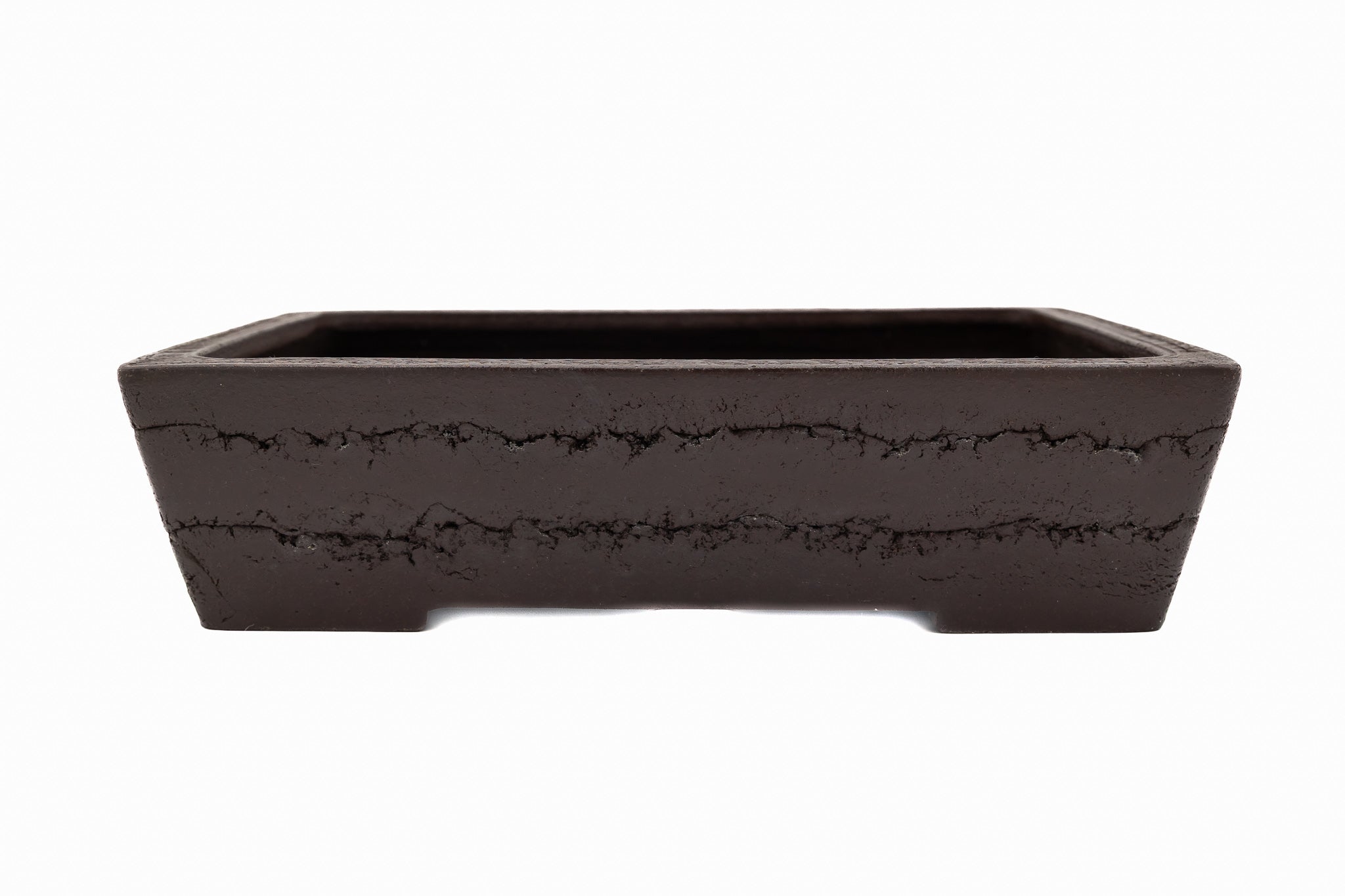 Large Rectangular Unglazed Yamaaki Bonsai Pot – Japanese Worm Eaten Decorative Rim, Chop and Nail Signed
