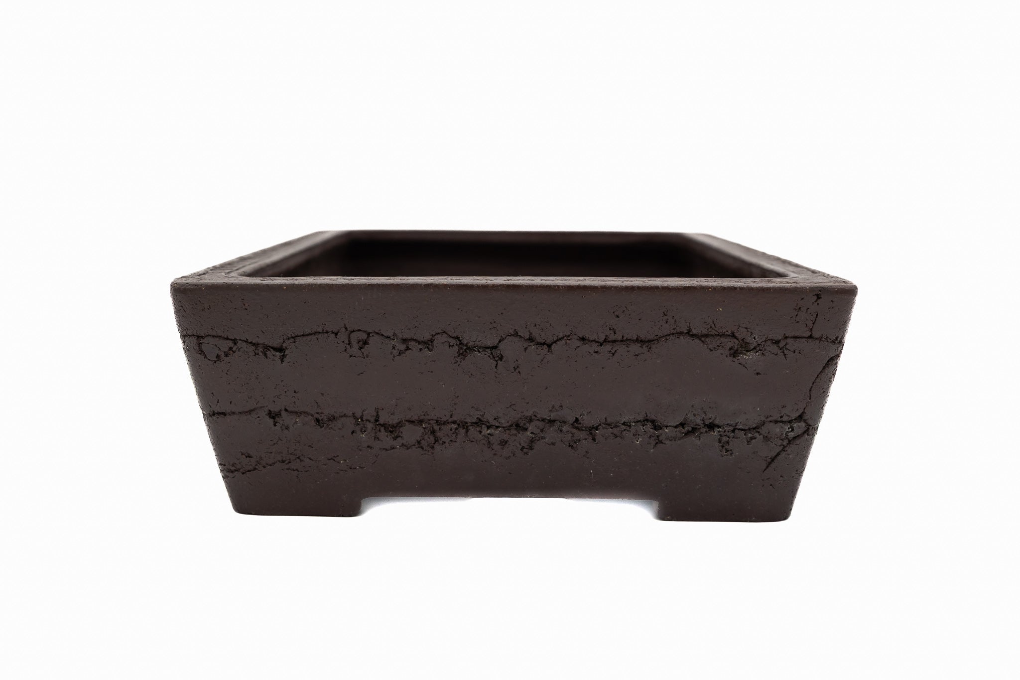 Large Rectangular Unglazed Yamaaki Bonsai Pot – Japanese Worm Eaten Decorative Rim, Chop and Nail Signed