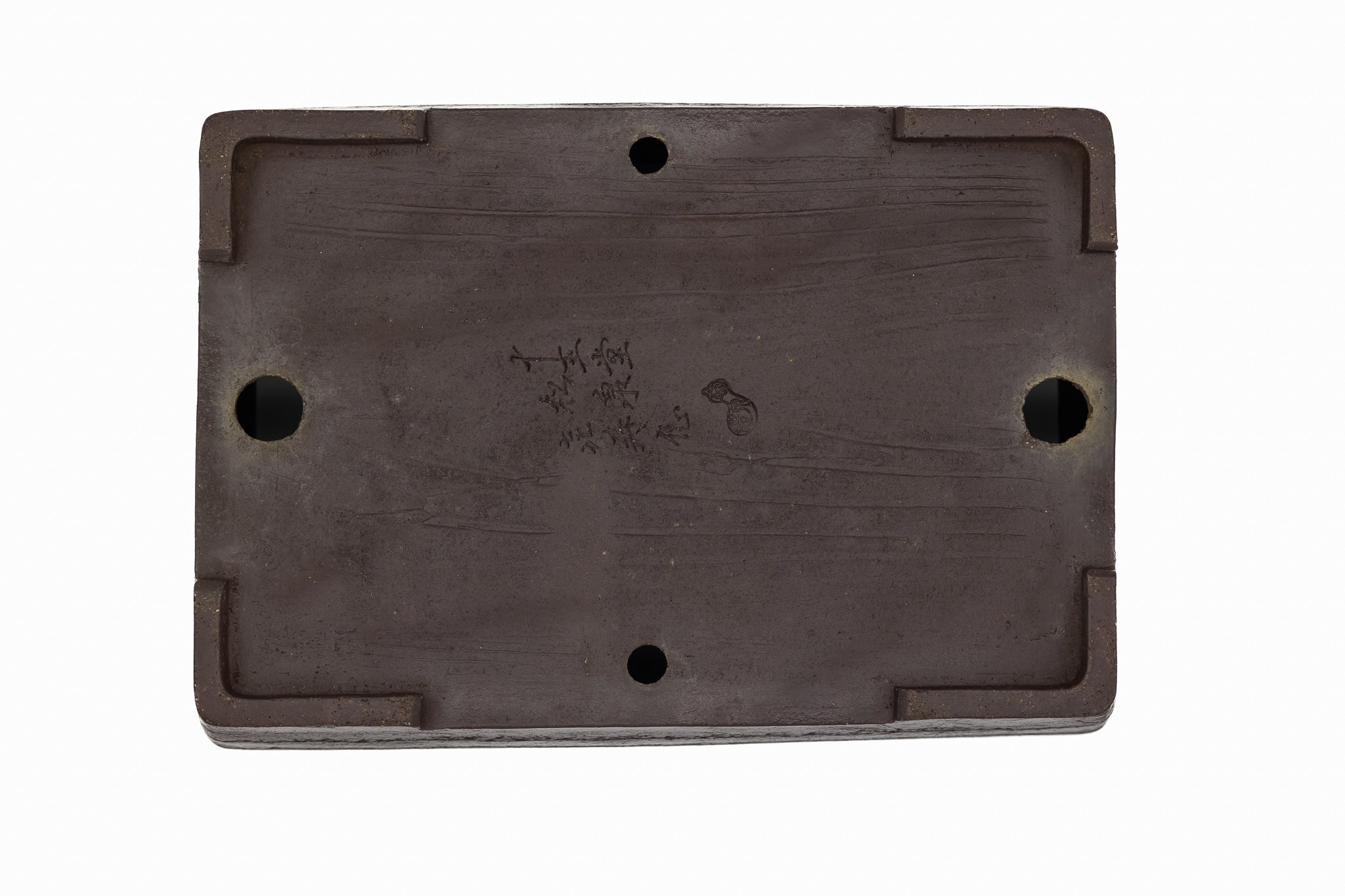 Large Rectangular Unglazed Yamaaki Bonsai Pot – Japanese Worm Eaten Decorative Rim, Chop and Nail Signed