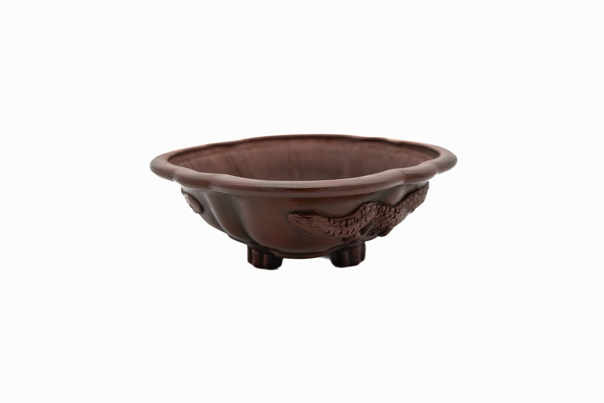 Medium Rinka Unglazed Bigei Bonsai Pot with Nail Signature – Hand Carved Dragon, Smooth Texture, Japanese Artisan