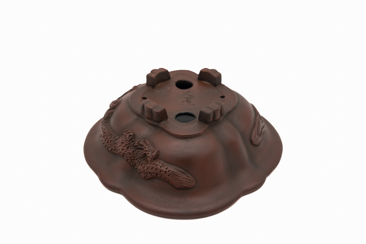 Medium Rinka Unglazed Bigei Bonsai Pot with Nail Signature – Hand Carved Dragon, Smooth Texture, Japanese Artisan