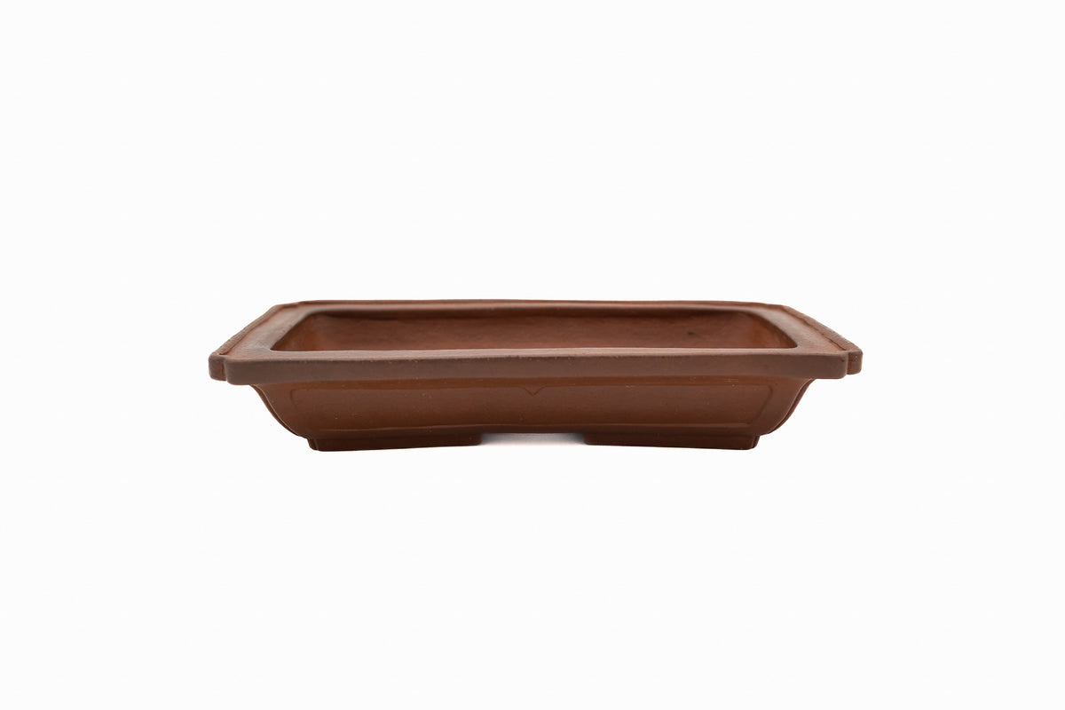 Large Rectangle Unglazed Yamaaki Japanese Bonsai Pot – Vintage Flat Rim, Low Profile, Hand Carved Windows, Chop and Nail Signed