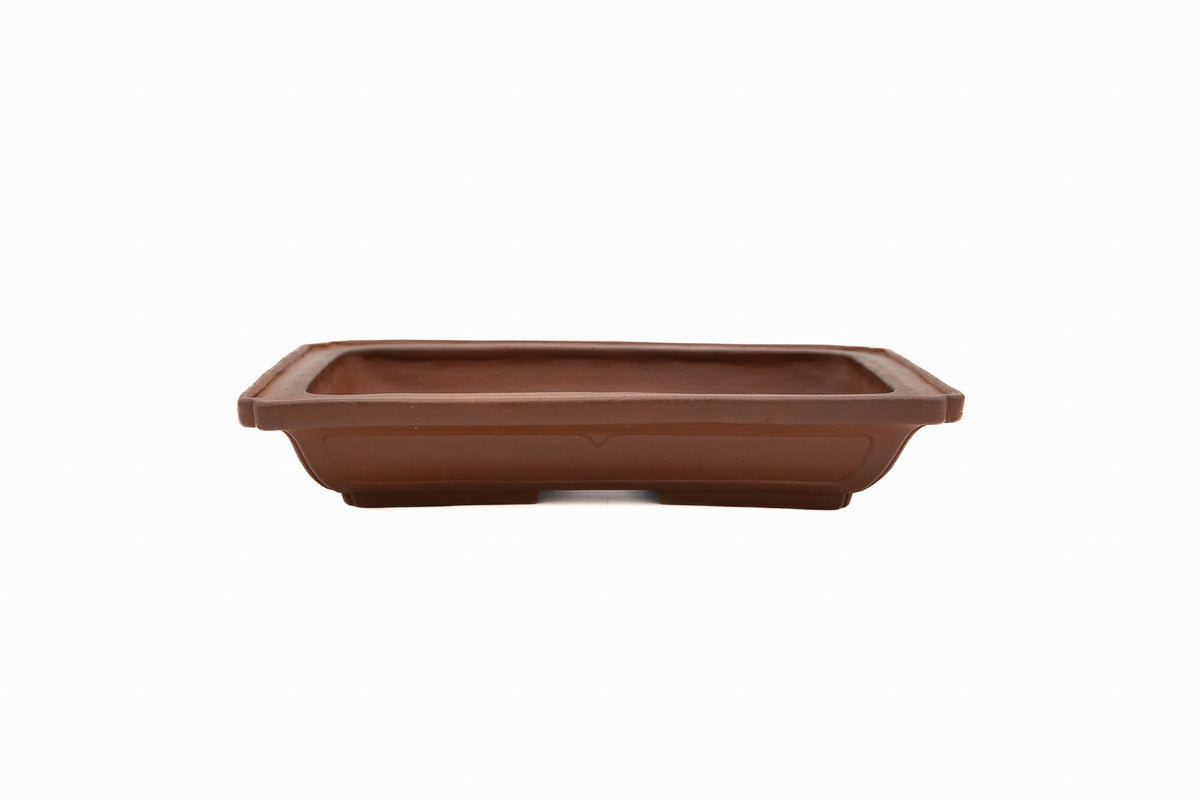 Large Rectangle Unglazed Yamaaki Japanese Bonsai Pot – Vintage Flat Rim, Low Profile, Hand Carved Windows, Chop and Nail Signed