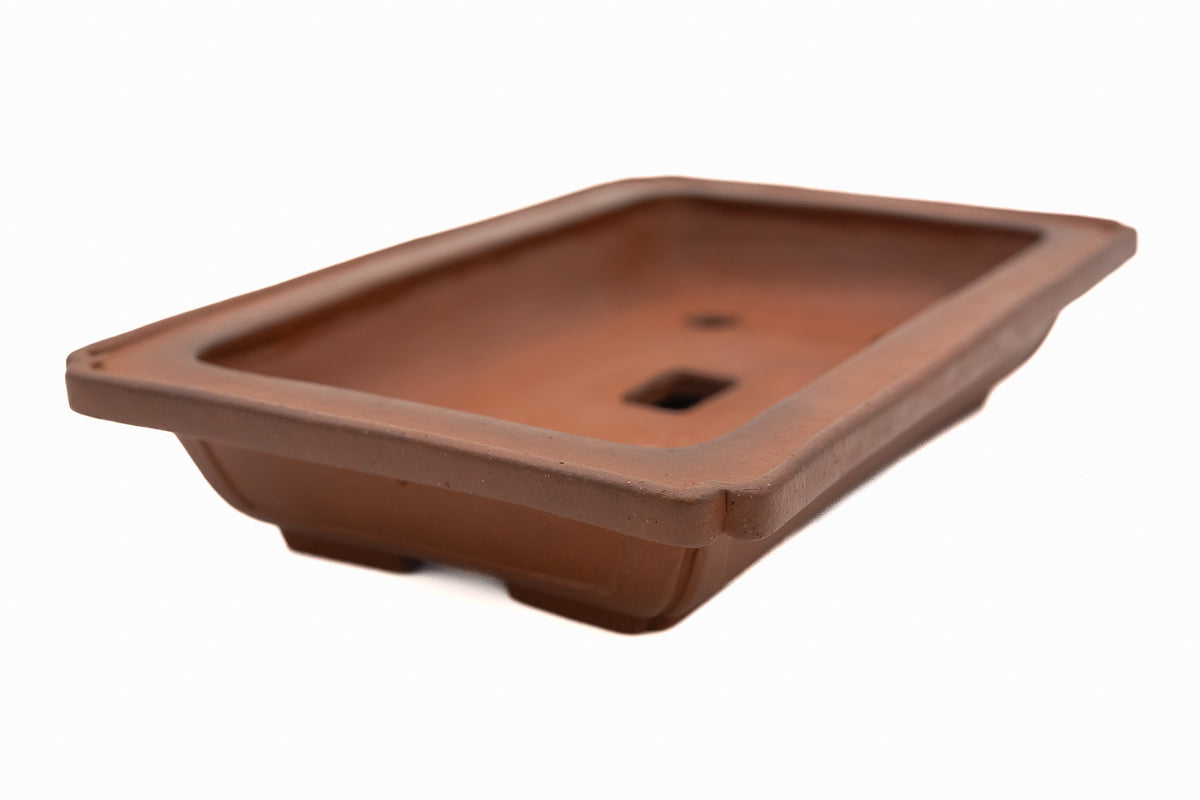 Large Rectangle Unglazed Yamaaki Japanese Bonsai Pot – Vintage Flat Rim, Low Profile, Hand Carved Windows, Chop and Nail Signed