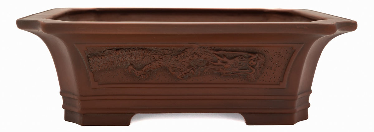 Bigei Handcarved Dragon Rectangle Bonsai Pot 12.5" Unglazed