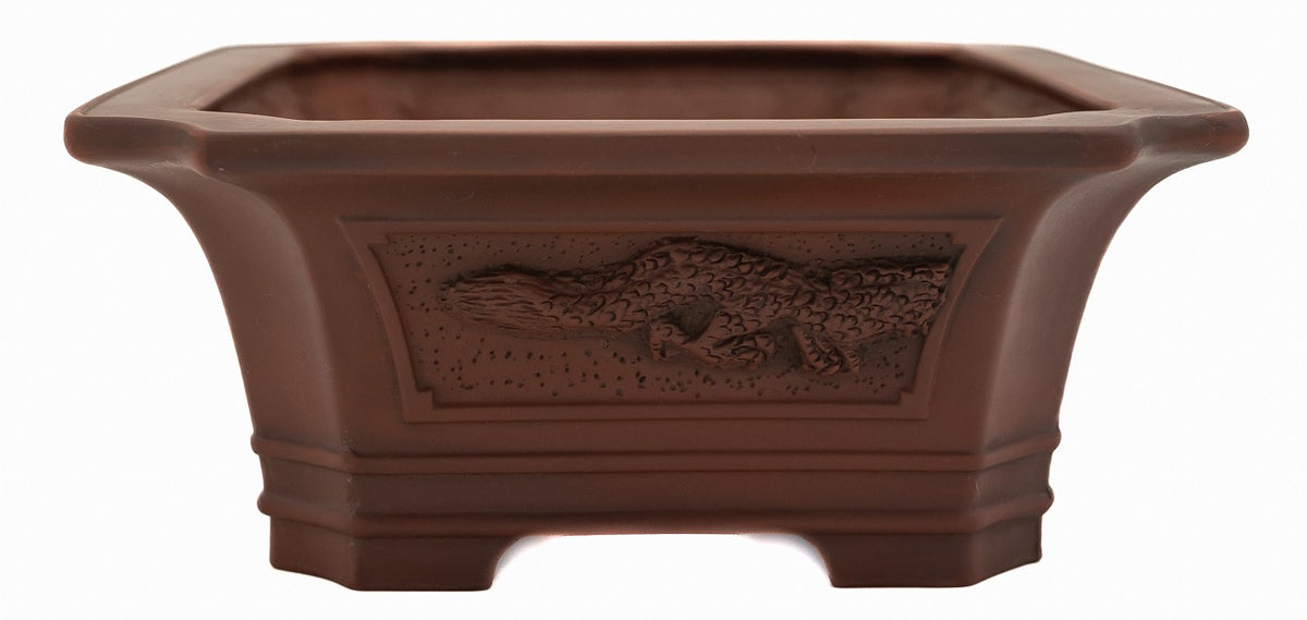 Bigei Handcarved Dragon Rectangle Bonsai Pot 12.5" Unglazed