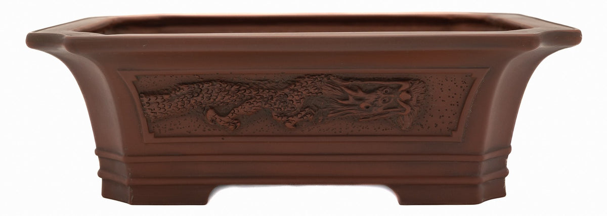 Bigei Handcarved Dragon Rectangle Bonsai Pot 12.5" Unglazed