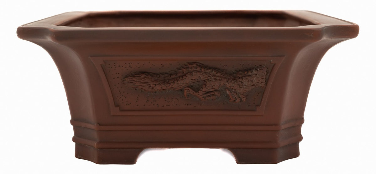 Bigei Handcarved Dragon Rectangle Bonsai Pot 12.5" Unglazed