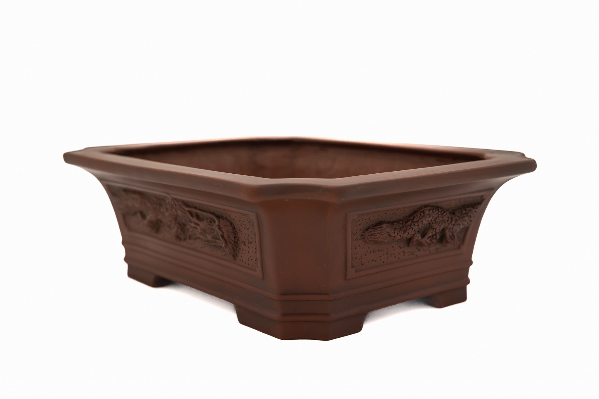 Large Rectangular Unglazed Bigei Japanese Bonsai Pot – Hand Carved Solid Clay, Chop and Nail Signed