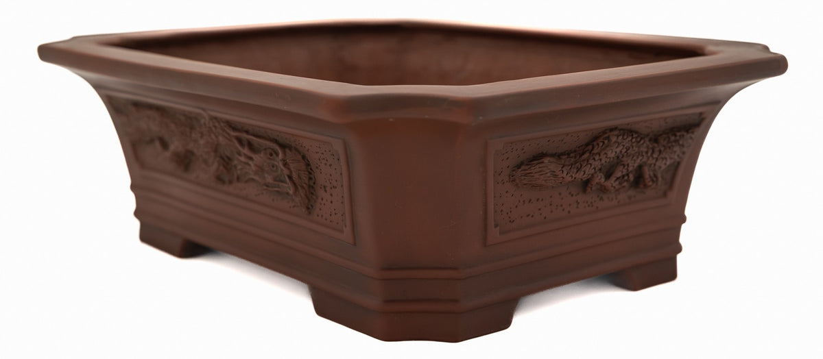 Bigei Handcarved Dragon Rectangle Bonsai Pot 12.5" Unglazed