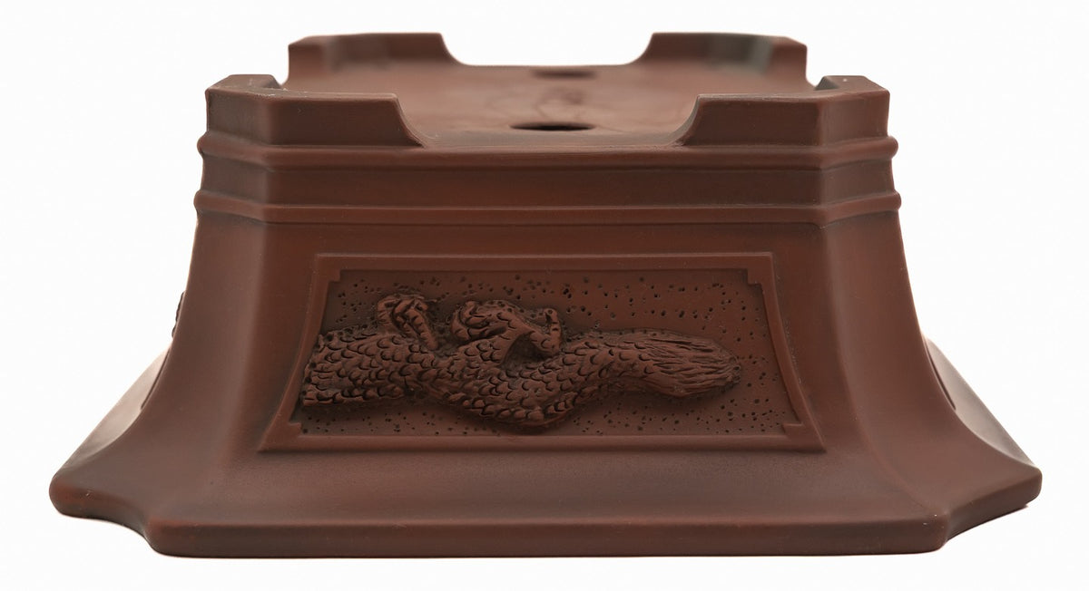 Bigei Handcarved Dragon Rectangle Bonsai Pot 12.5" Unglazed