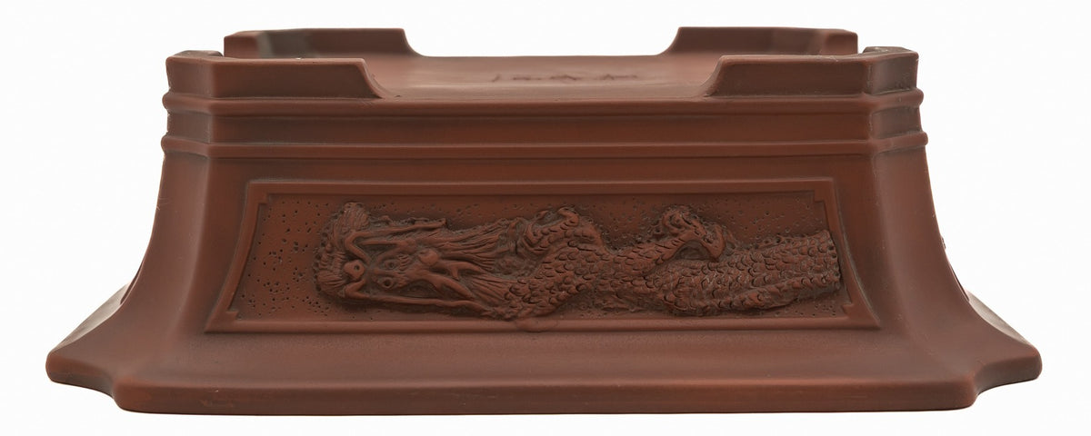 Bigei Handcarved Dragon Rectangle Bonsai Pot 12.5" Unglazed