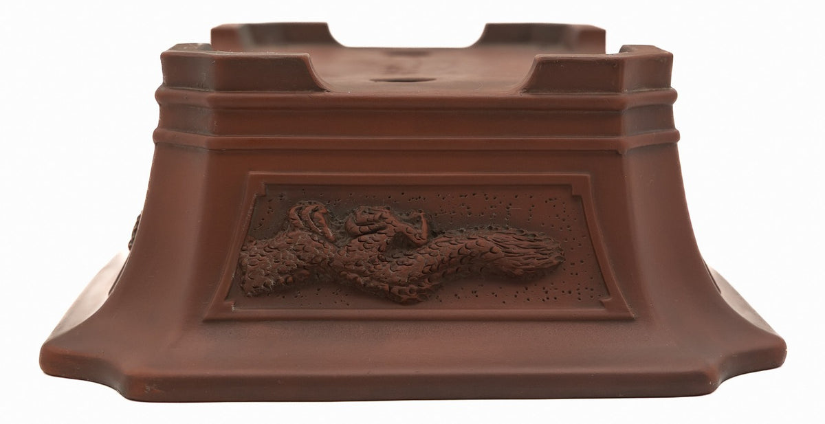 Bigei Handcarved Dragon Rectangle Bonsai Pot 12.5" Unglazed