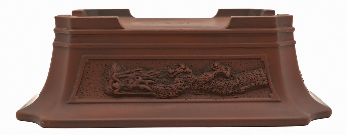 Bigei Handcarved Dragon Rectangle Bonsai Pot 12.5" Unglazed