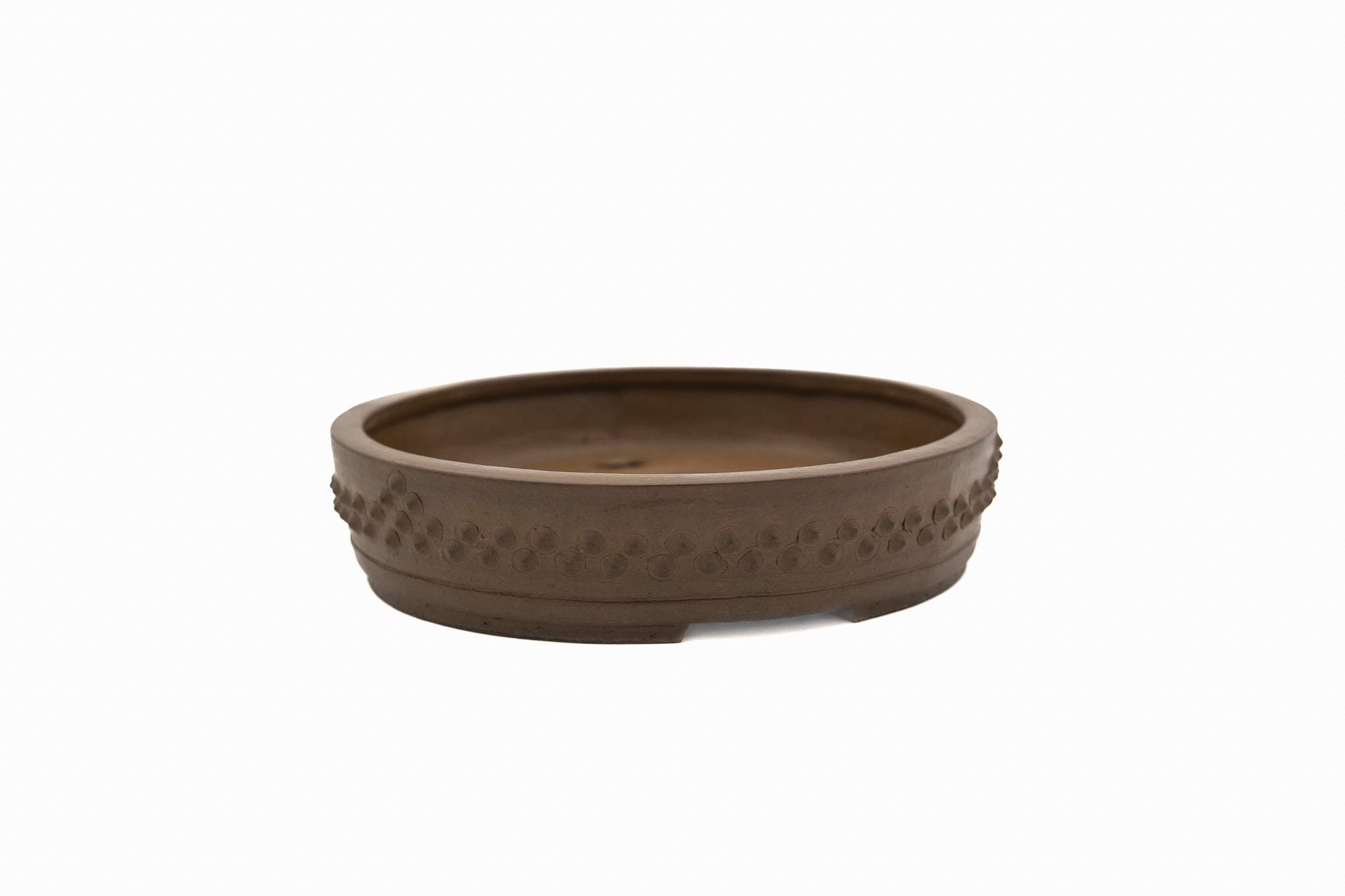 Large Drum Unglazed Japanese Bonsai Pot – Suzuki Suzan Kiln, Chop Mark, Nail Head, Incised Corner, Flat Rim, Hand Placed Rivets
