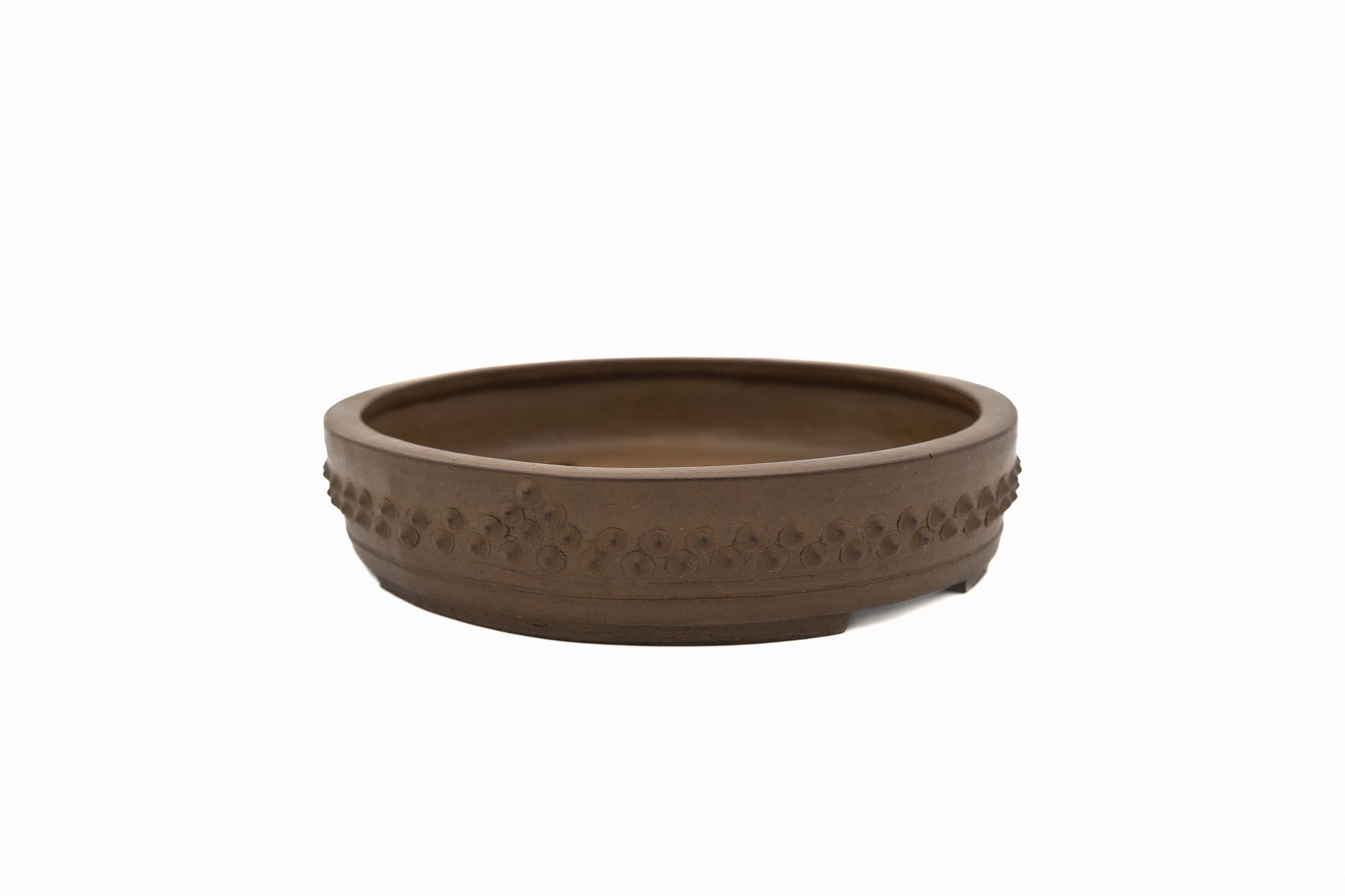 Large Drum Unglazed Japanese Bonsai Pot – Suzuki Suzan Kiln, Chop Mark, Nail Head, Incised Corner, Flat Rim, Hand Placed Rivets