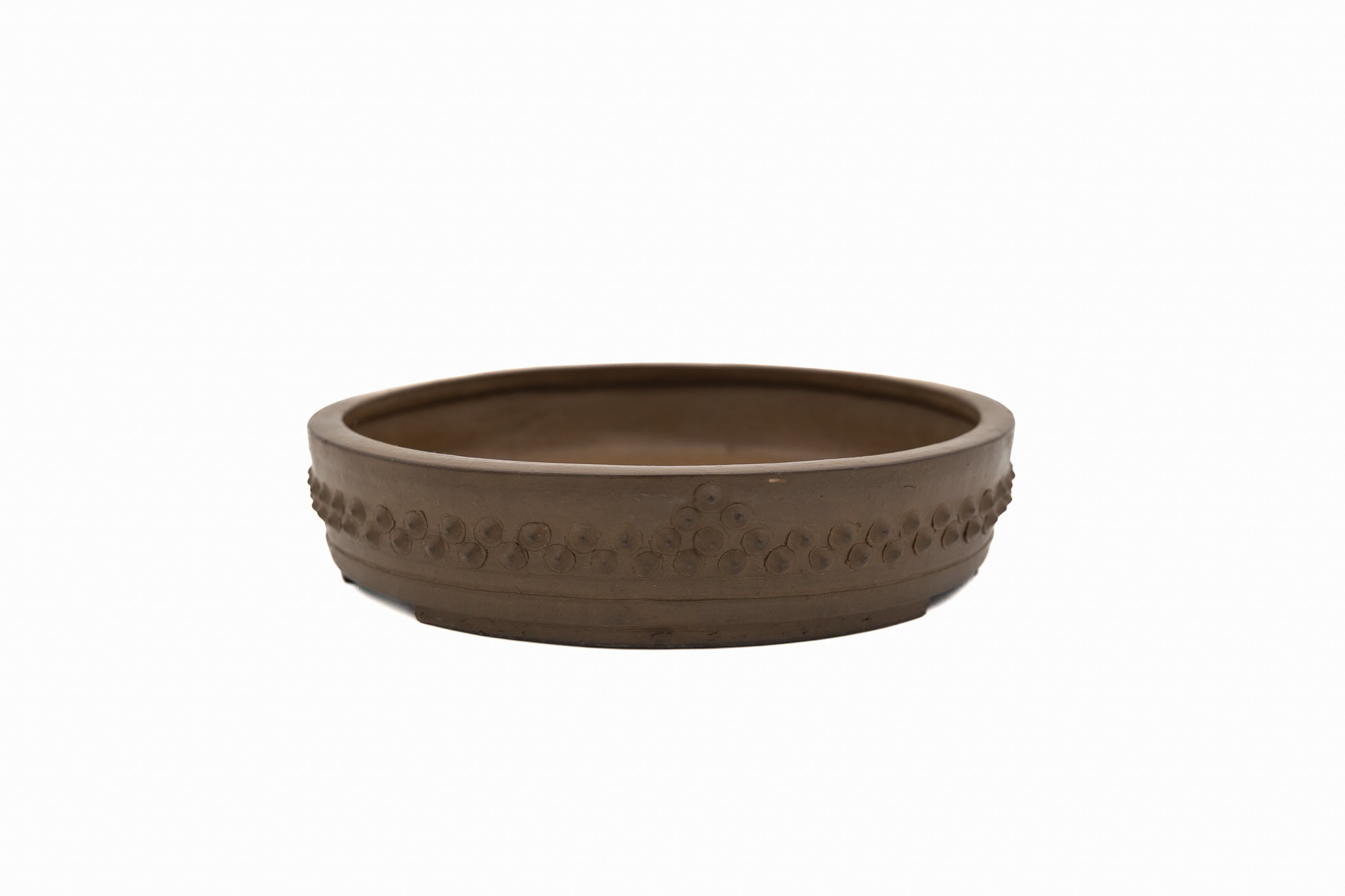 Large Drum Unglazed Japanese Bonsai Pot – Suzuki Suzan Kiln, Chop Mark, Nail Head, Incised Corner, Flat Rim, Hand Placed Rivets