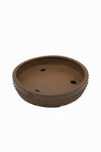 Large Drum Unglazed Japanese Bonsai Pot – Suzuki Suzan Kiln, Chop Mark, Nail Head, Incised Corner, Flat Rim, Hand Placed Rivets