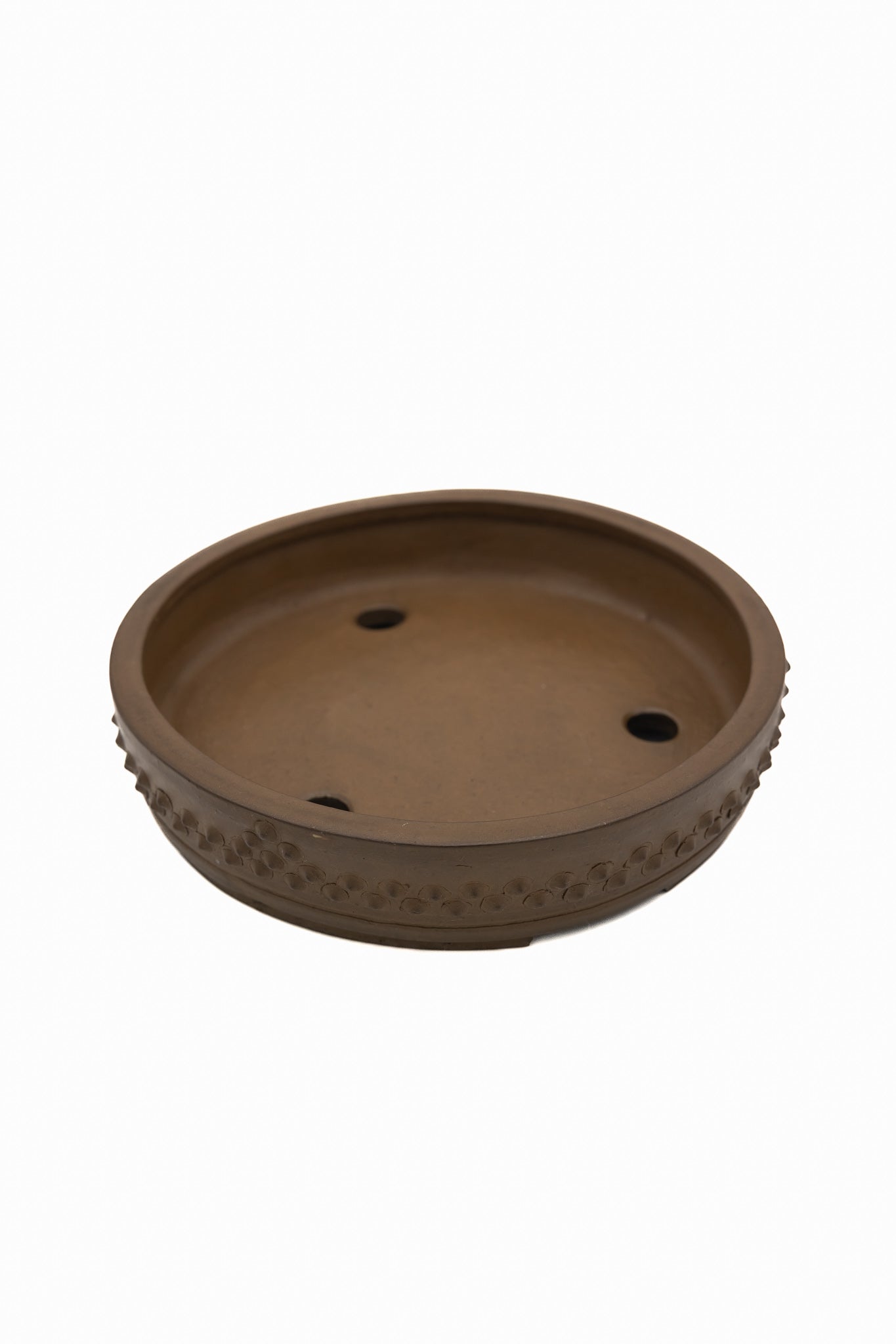 Large Drum Unglazed Japanese Bonsai Pot – Suzuki Suzan Kiln, Chop Mark, Nail Head, Incised Corner, Flat Rim, Hand Placed Rivets