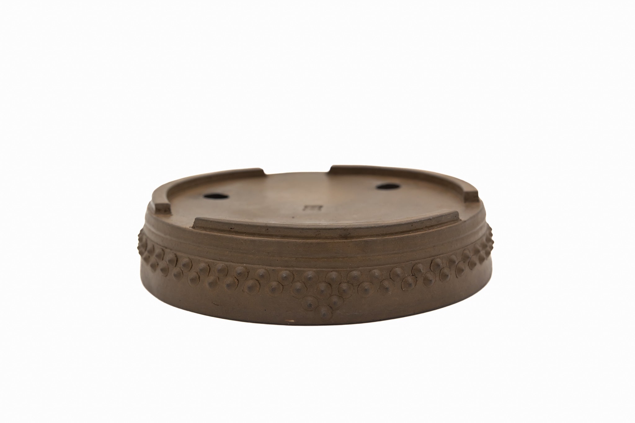 Large Drum Unglazed Japanese Bonsai Pot – Suzuki Suzan Kiln, Chop Mark, Nail Head, Incised Corner, Flat Rim, Hand Placed Rivets