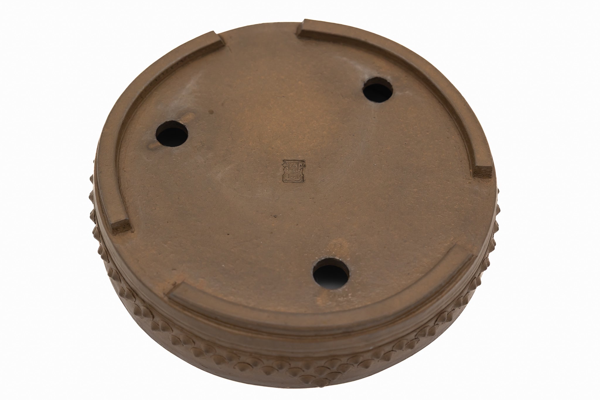 Large Drum Unglazed Japanese Bonsai Pot – Suzuki Suzan Kiln, Chop Mark, Nail Head, Incised Corner, Flat Rim, Hand Placed Rivets