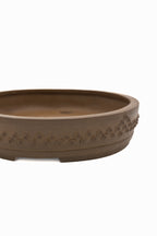 Large Drum Unglazed Japanese Bonsai Pot – Suzuki Suzan Kiln, Chop Mark, Nail Head, Incised Corner, Flat Rim, Hand Placed Rivets