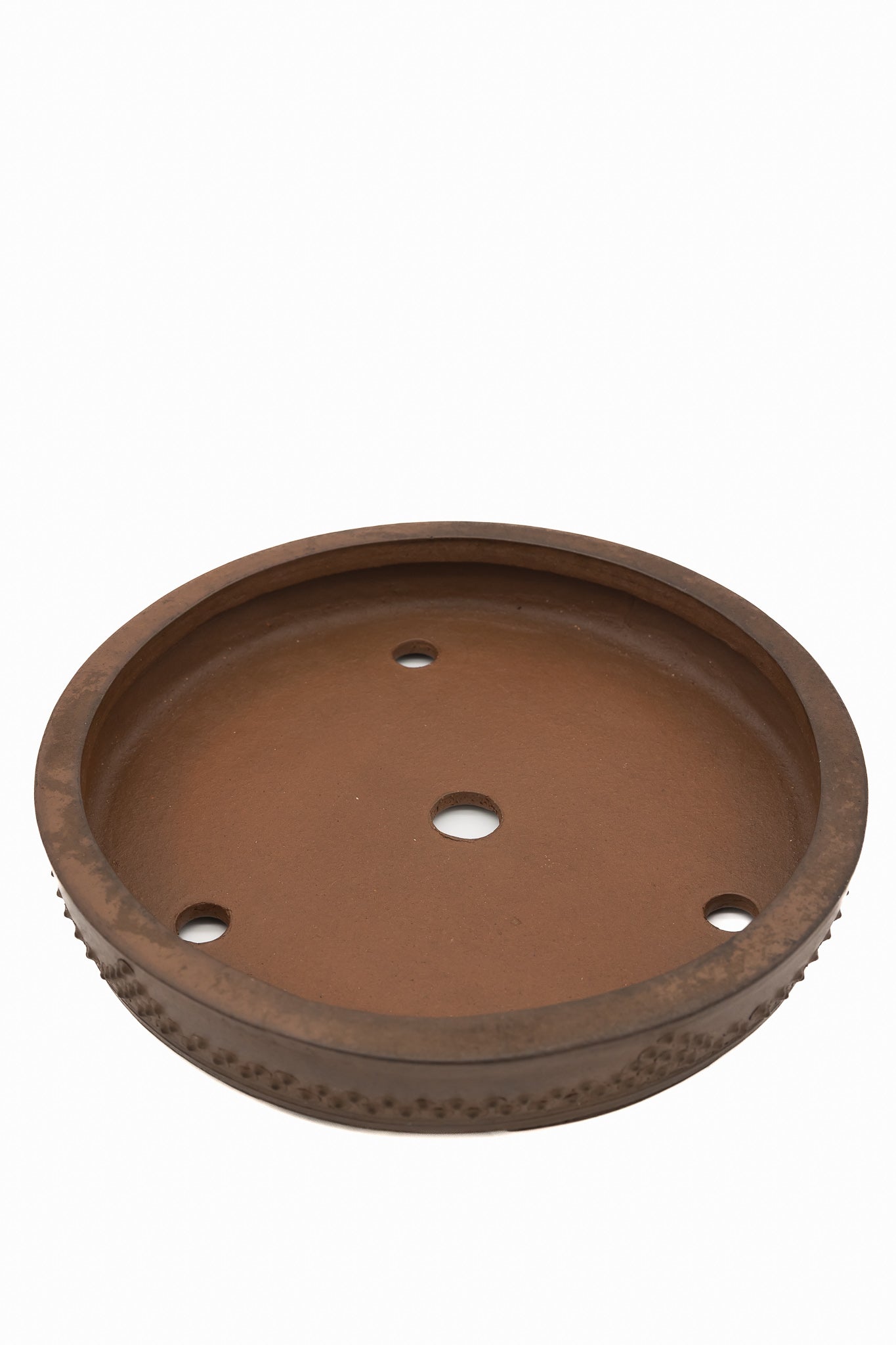 Large Round Unglazed Japanese Bonsai Pot – Suzuki Suzan Kiln, Chop Mark, Nail Head Design