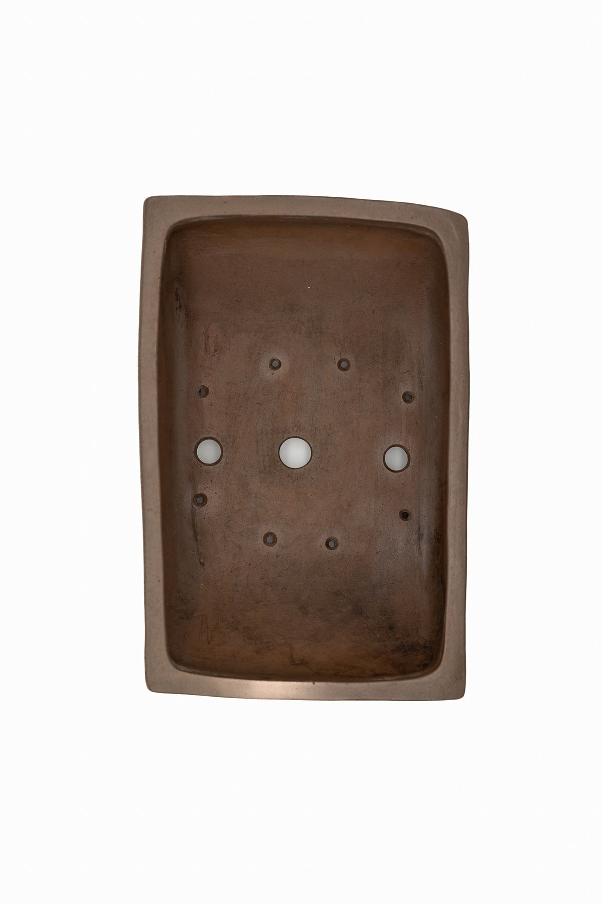Medium Rectangular Unglazed Vintage Japanese Bonsai Pot – Gyouzan Kiln Nail Signature, 13x8.5x4.5, Unconventional Shape