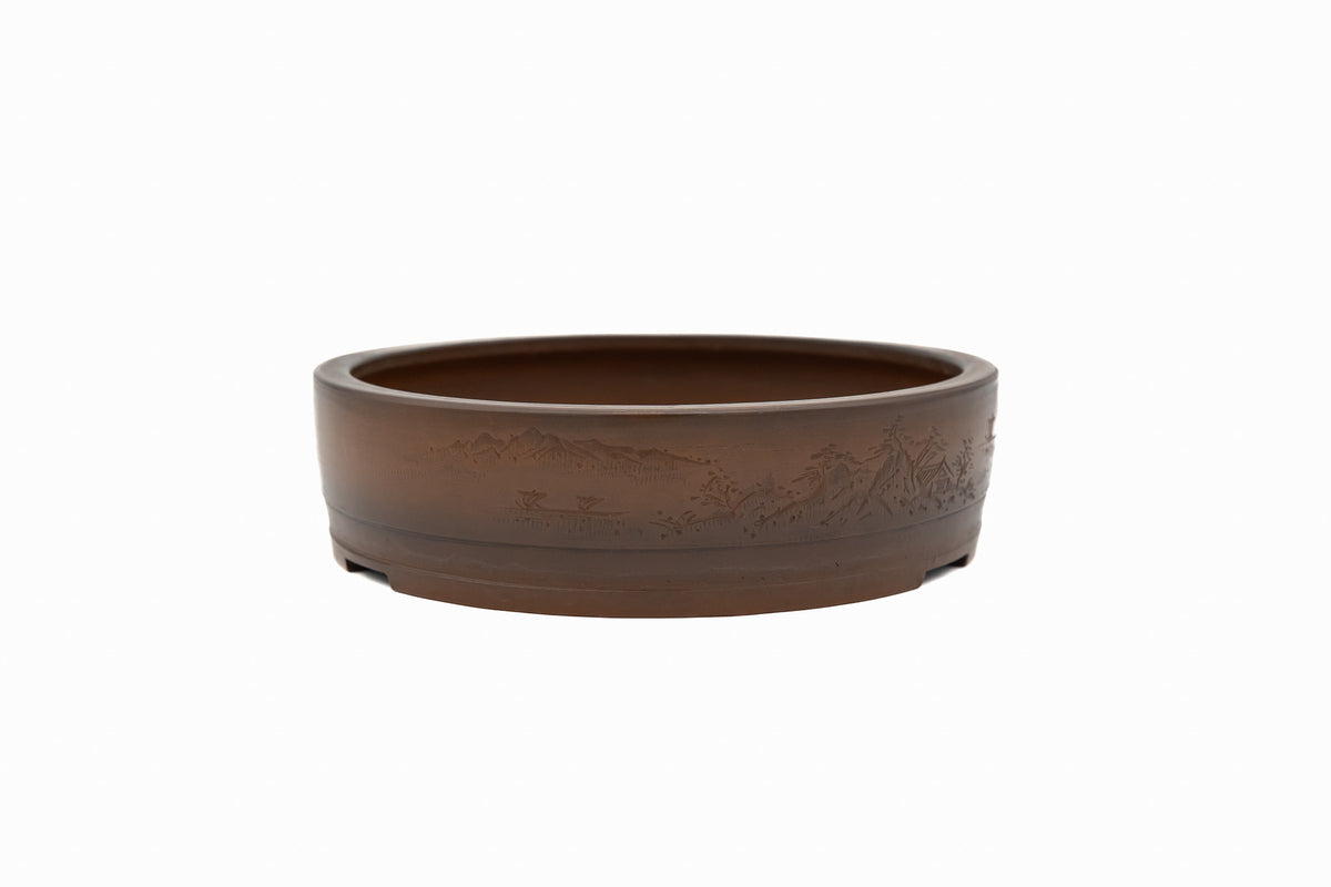 Large Round Unglazed Japanese Bonsai Pot – Bigei Kiln Nail Signature, Hand Carved Shiny Finish