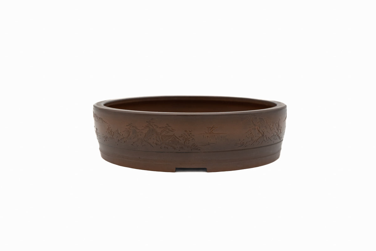Large Round Unglazed Japanese Bonsai Pot – Bigei Kiln Nail Signature, Hand Carved Shiny Finish