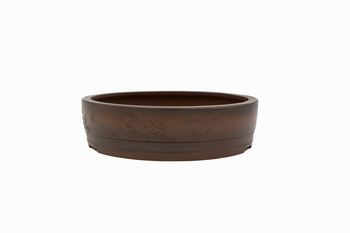 Large Round Unglazed Japanese Bonsai Pot – Bigei Kiln Nail Signature, Hand Carved Shiny Finish
