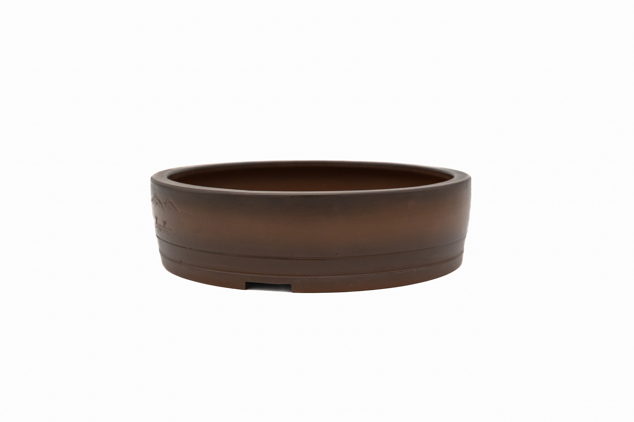 Large Round Unglazed Japanese Bonsai Pot – Bigei Kiln Nail Signature, Hand Carved Shiny Finish