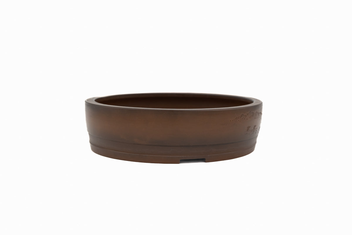 Large Round Unglazed Japanese Bonsai Pot – Bigei Kiln Nail Signature, Hand Carved Shiny Finish