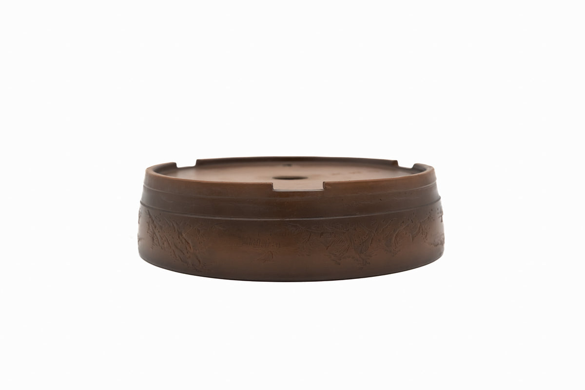 Large Round Unglazed Japanese Bonsai Pot – Bigei Kiln Nail Signature, Hand Carved Shiny Finish