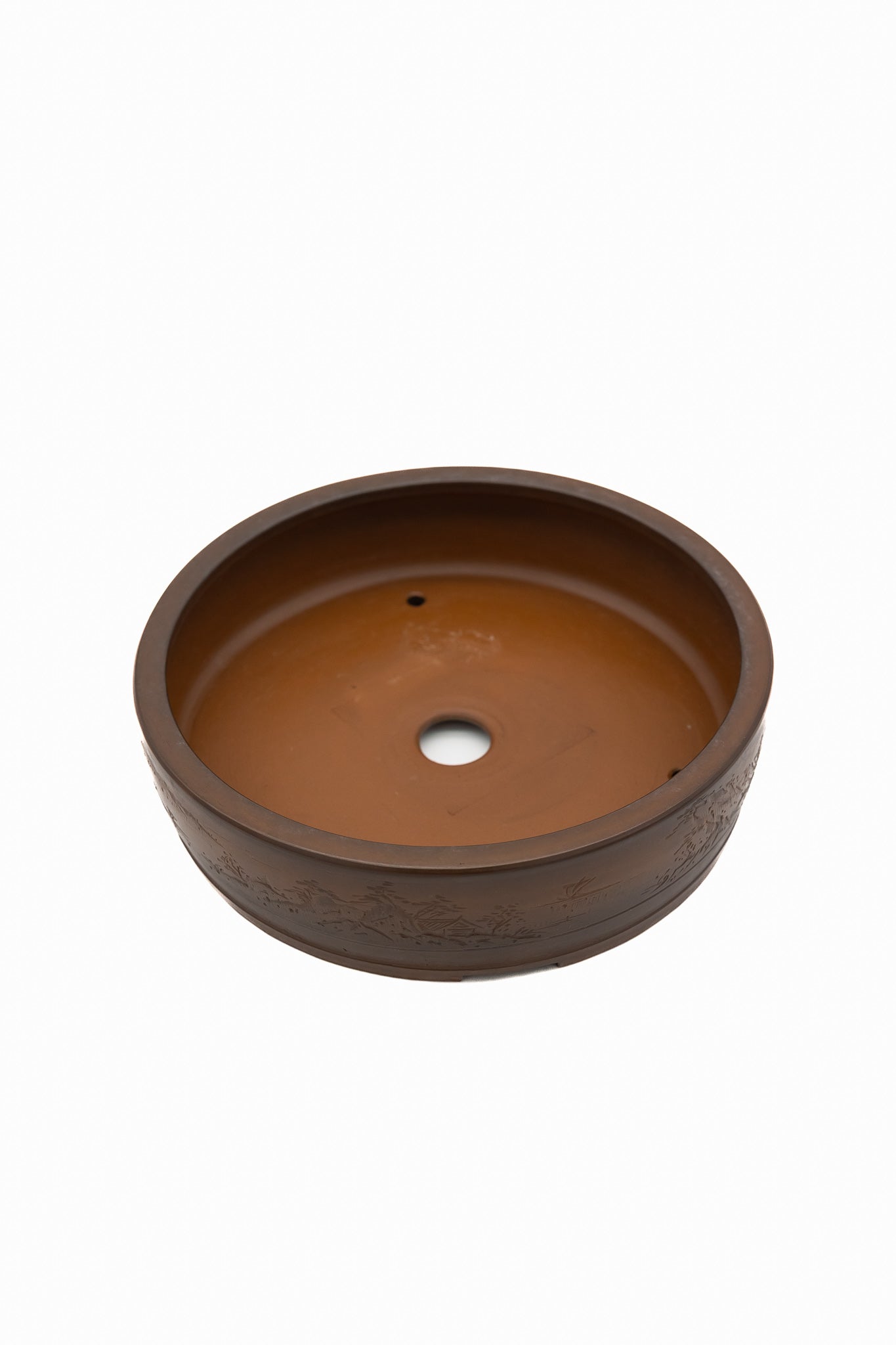 Large Round Unglazed Japanese Bonsai Pot – Bigei Kiln Nail Signature, Hand Carved Shiny Finish